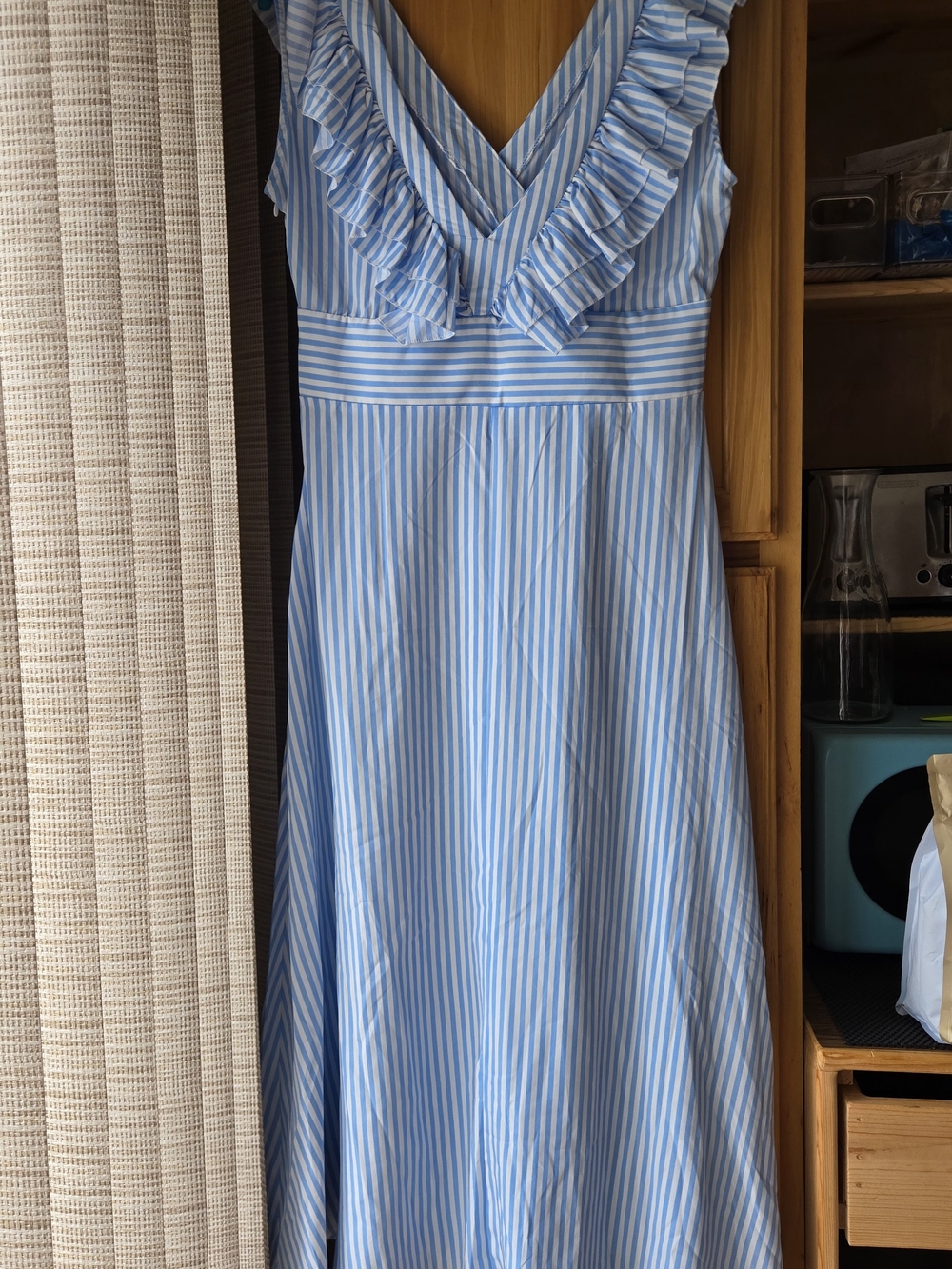 Sleeveless Light Blue and White Striped Ruffle V-Neck Maxi Dress